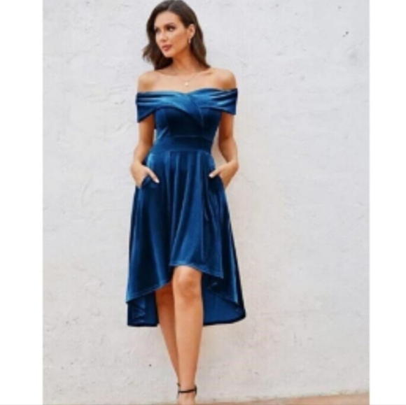 Off Shoulder Cocktail Dress Blue - Picture 3 of 6